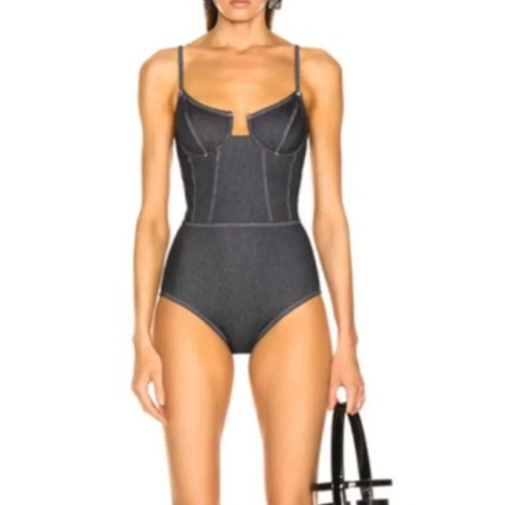 Solid and Striped Denim One Piece Bathing Suite - Picture 1 of 3
